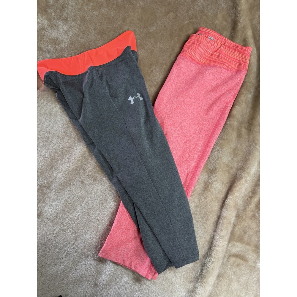 Under Armour Lot Athletic Pants Leggings  Girls Small and Med Gray Orangs